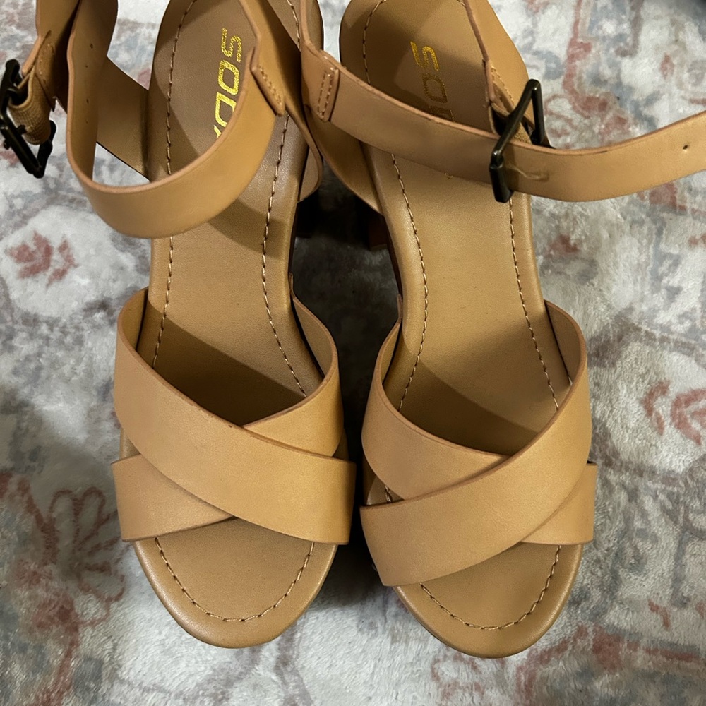 Soda Tan Sandals with Crisscross Straps and Ankle Buckle